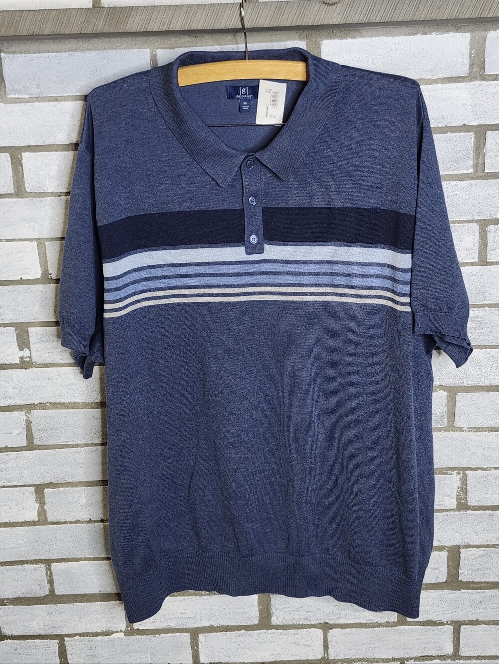 • NWT George Men's Short Sleeve Striped Knit Sweater Polo Shirt Size 3XL Blue